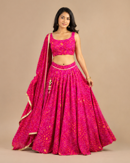 Rani Pink Bandhani Print Chaniya Choli with Dupatta
