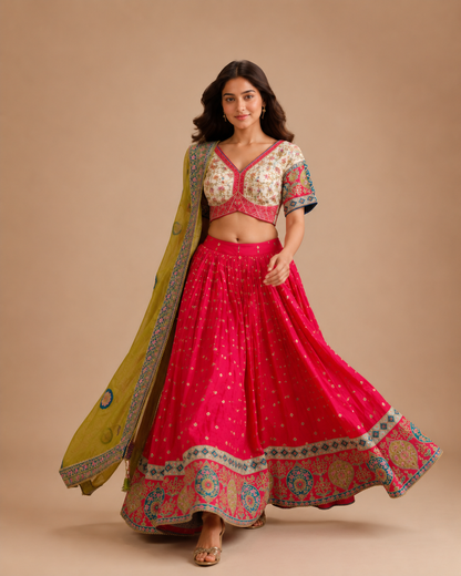 Rani Pink Designer Chaniya Choli with Floral Embroidered