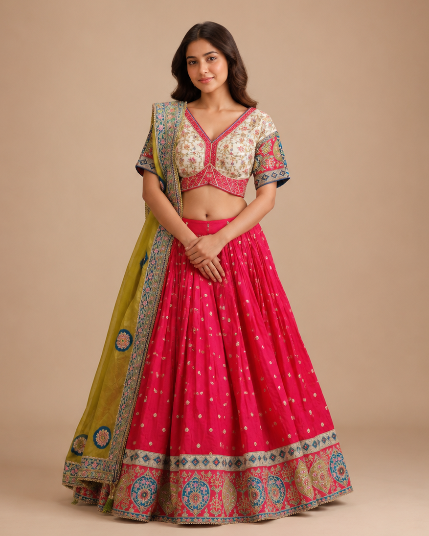 Rani Pink Designer Chaniya Choli with Floral Embroidered