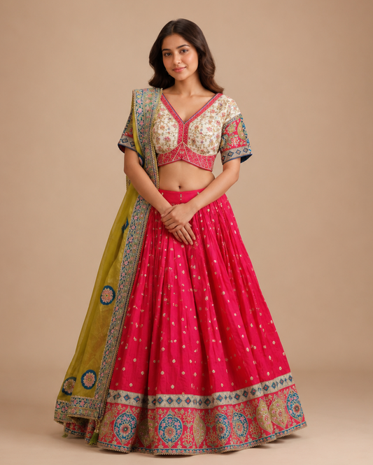 Rani Pink Designer Chaniya Choli with Floral Embroidered