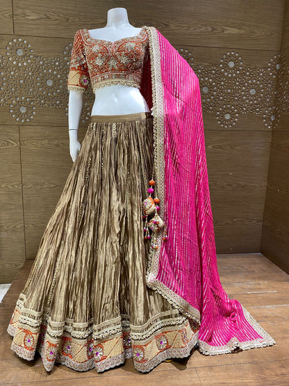 Rani Pink Dupatta with Antique Gold Lehenga & Rust Orange Zari Embroidered Choli Set