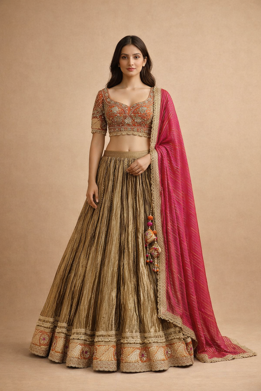 Rani Pink Dupatta with Antique Gold Lehenga & Rust Orange Zari Embroidered Choli Set