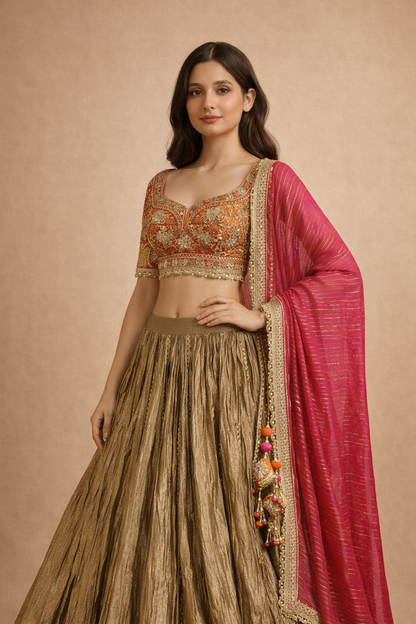 Rani Pink Dupatta with Antique Gold Lehenga & Rust Orange Zari Embroidered Choli Set