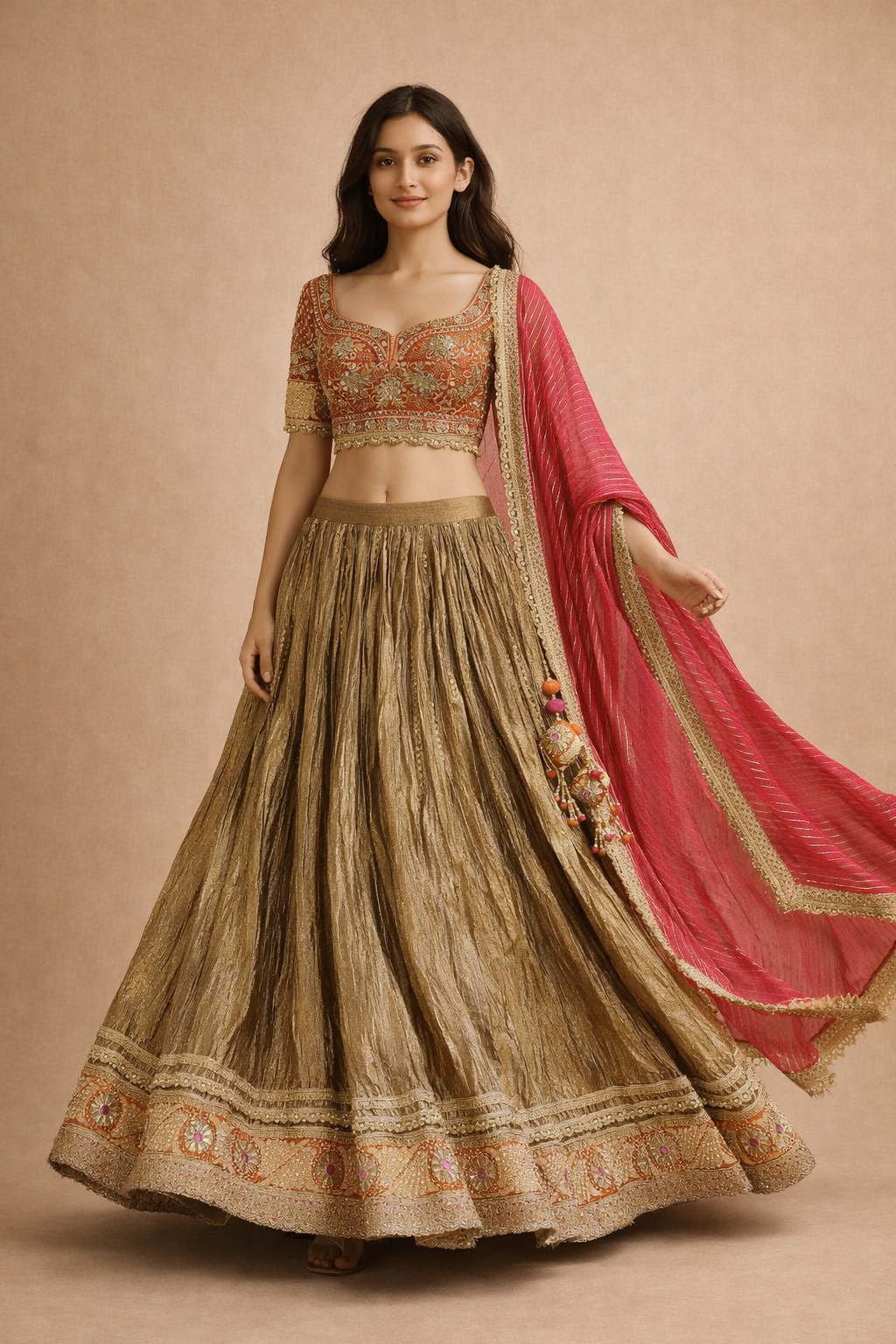 Rani Pink Dupatta with Antique Gold Lehenga & Rust Orange Zari Embroidered Choli Set