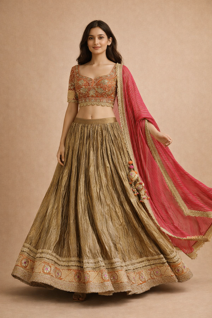Rani Pink Dupatta with Antique Gold Lehenga & Rust Orange Zari Embroidered Choli Set