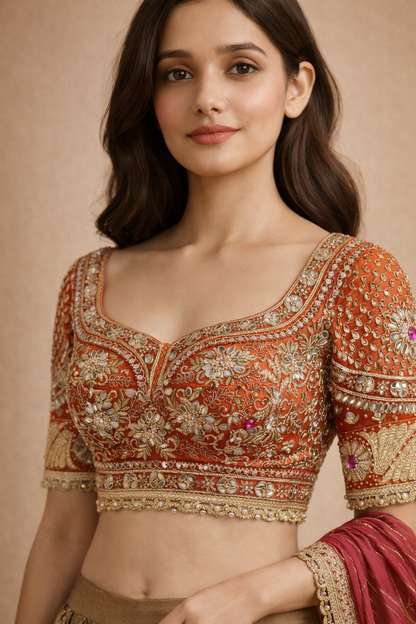 Rani Pink Dupatta with Antique Gold Lehenga & Rust Orange Zari Embroidered Choli Set