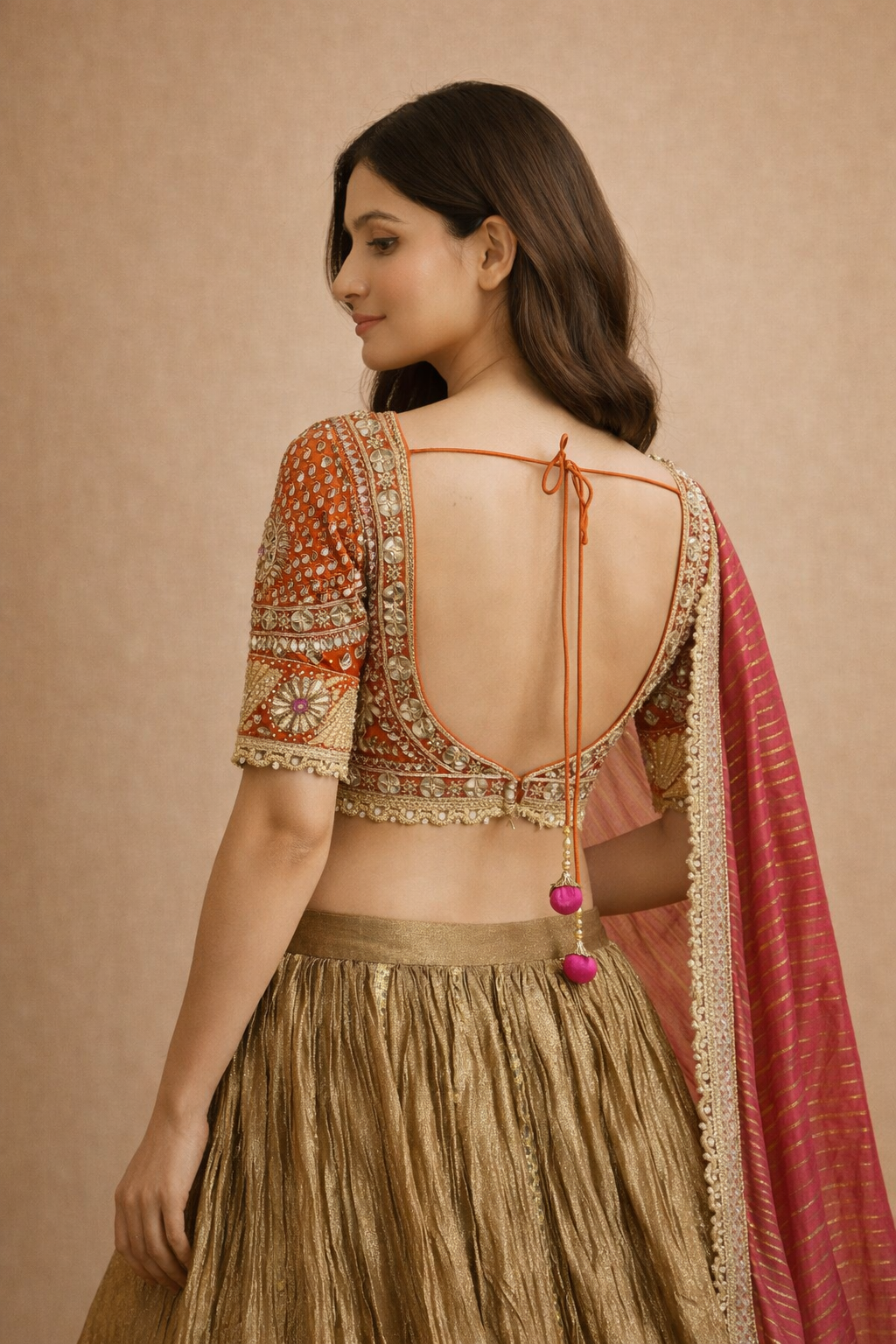 Rani Pink Dupatta with Antique Gold Lehenga & Rust Orange Zari Embroidered Choli Set