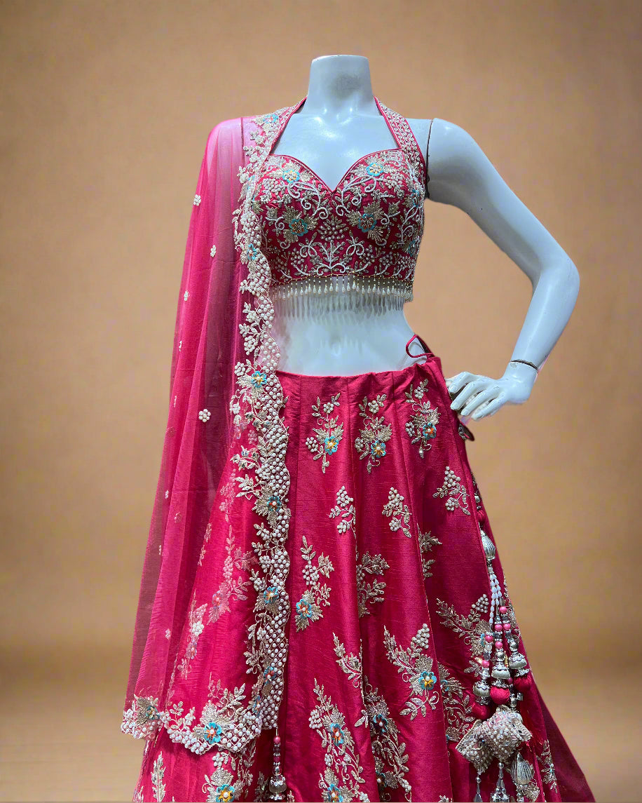 Rani Pink Embroidered Bridal Lehenga with Halter Blouse