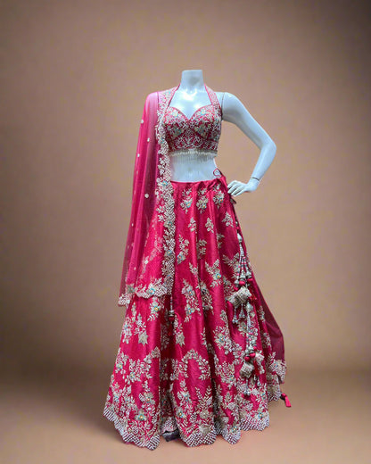 Rani Pink Embroidered Bridal Lehenga with Halter Blouse