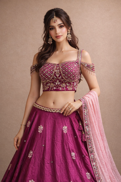 Rani Pink Embroidered Bridal Lehenga with Zari & Sequin Work
