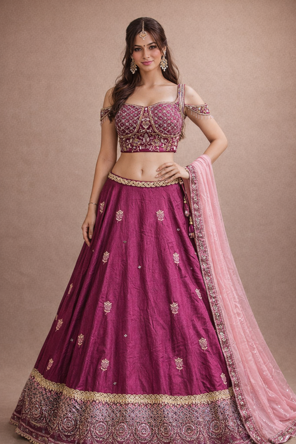 Rani Pink Embroidered Bridal Lehenga with Zari & Sequin Work