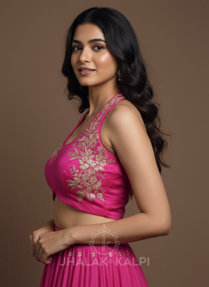 Rani Pink Embroidered Halter Neck Lehenga Choli for Festive & Wedding