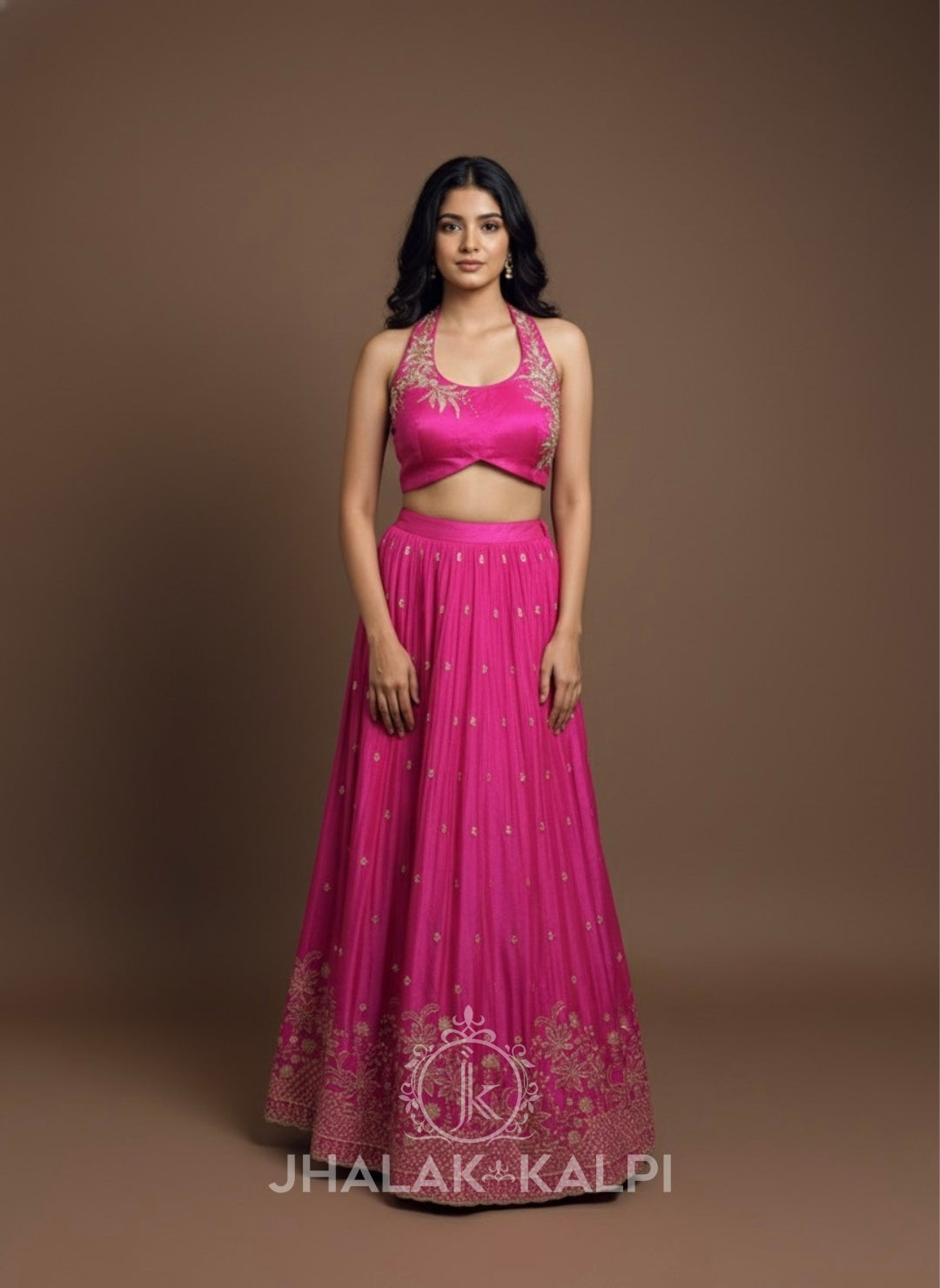 Rani Pink Embroidered Halter Neck Lehenga Choli for Festive & Wedding