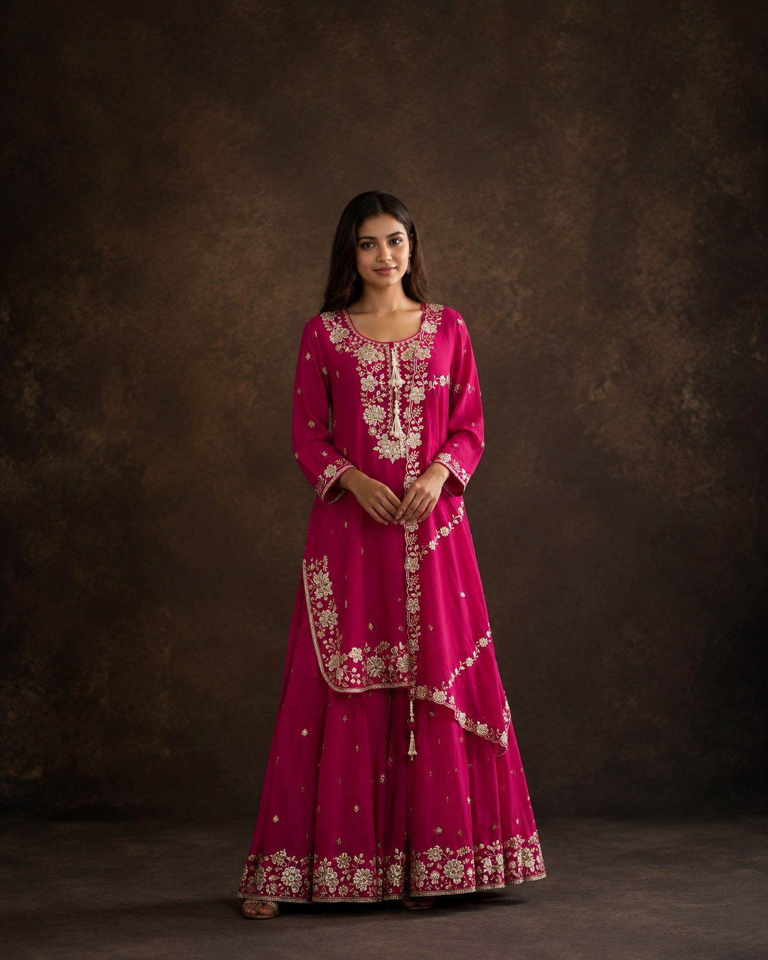 Rani Pink Embroidered Kurti Sharara Set with Floral Zari Work