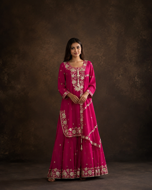 Rani Pink Embroidered Kurti Sharara Set with Floral Zari Work