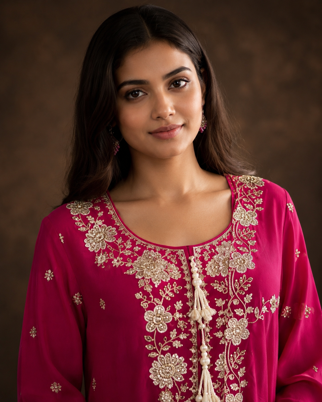 Rani Pink Embroidered Kurti Sharara Set with Floral Zari Work