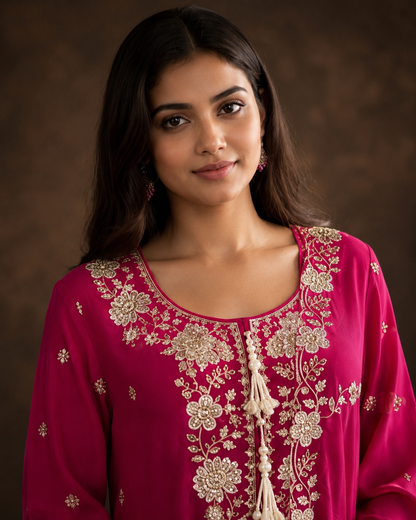 Rani Pink Embroidered Kurti Sharara Set with Floral Zari Work