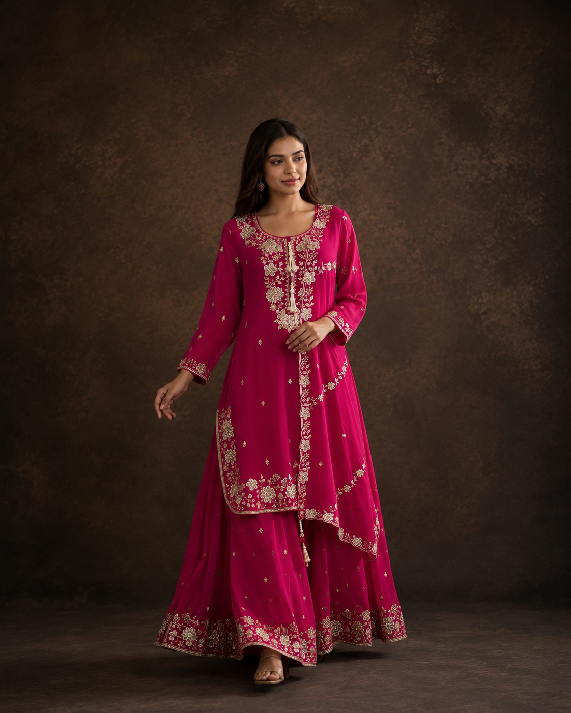 Rani Pink Embroidered Kurti Sharara Set with Floral Zari Work