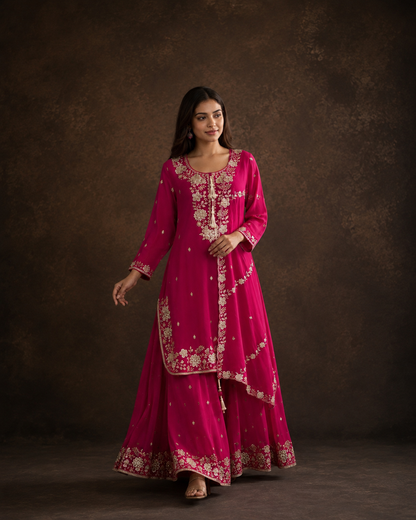 Rani Pink Embroidered Kurti Sharara Set with Floral Zari Work