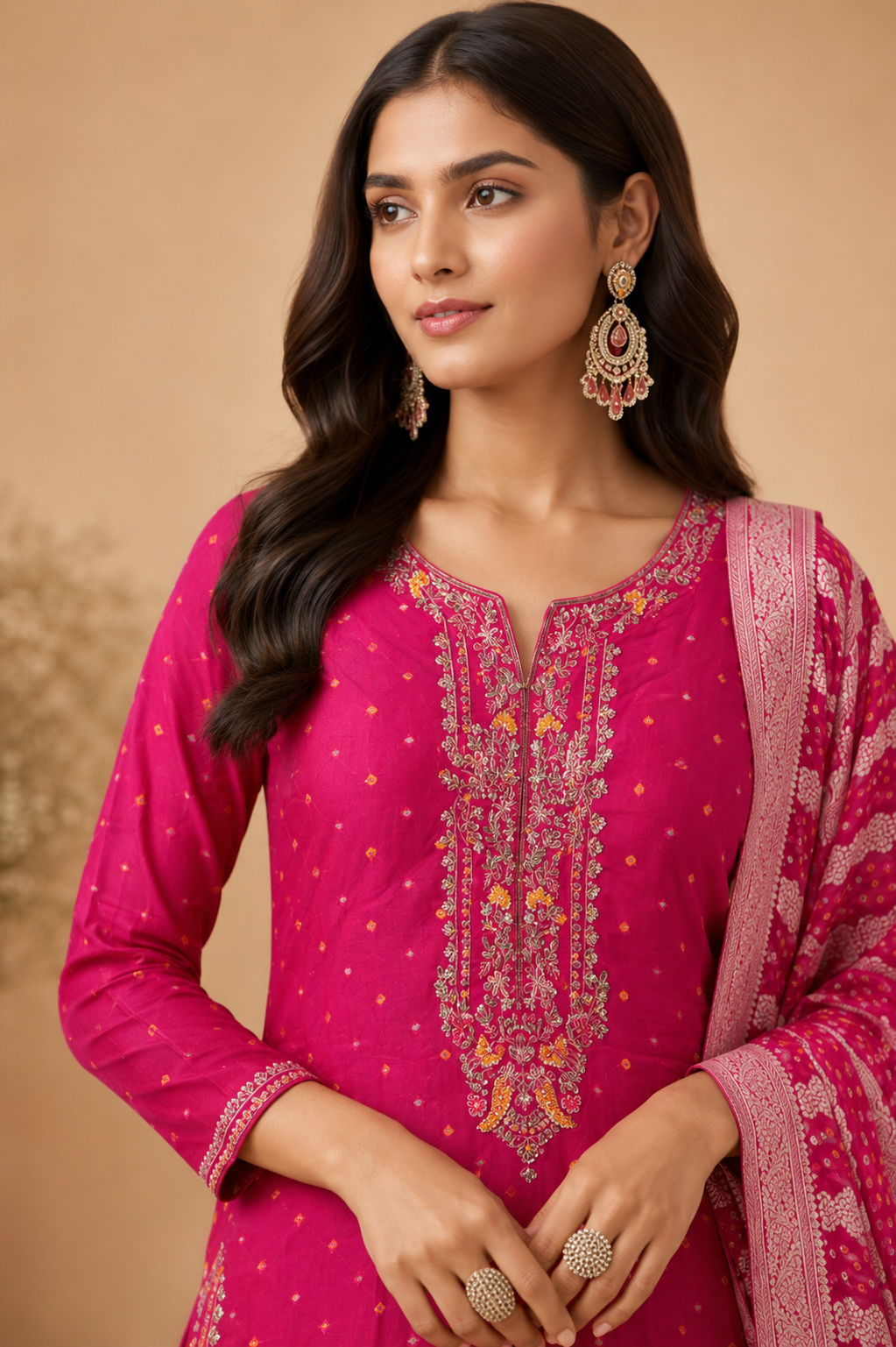 Rani Pink Embroidered Palazzo Suit Set with Banarasi Dupatta