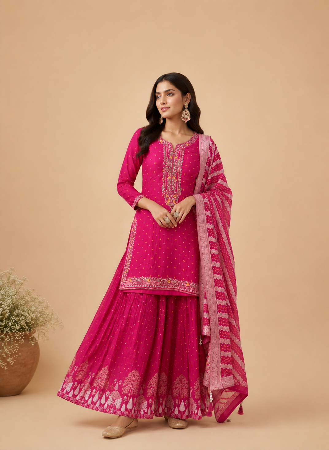 Rani Pink Embroidered Palazzo Suit Set with Banarasi Dupatta