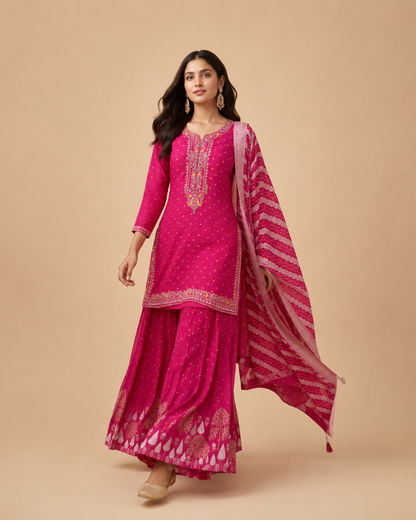 Rani Pink Embroidered Palazzo Suit Set with Banarasi Dupatta