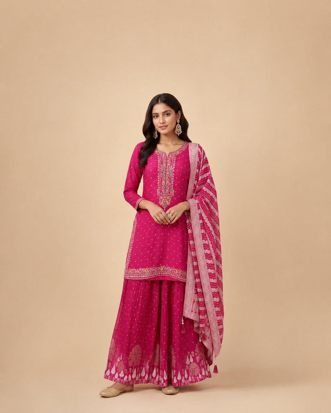 Rani Pink Embroidered Palazzo Suit Set with Banarasi Dupatta
