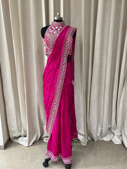 Rani Pink Embroidered Saree with Mirror Work High Neck Blouse