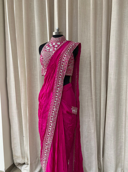Rani Pink Embroidered Saree with Mirror Work High Neck Blouse