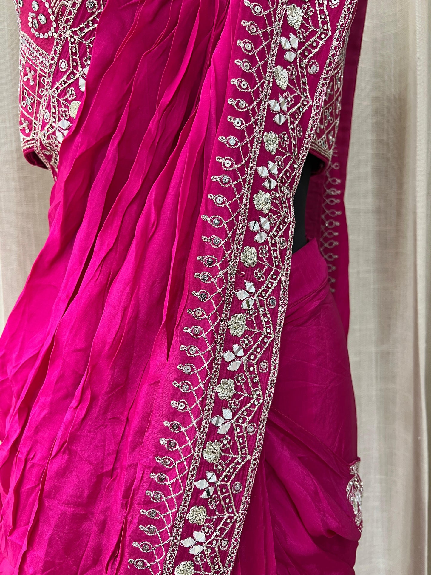 Rani Pink Embroidered Saree with Mirror Work High Neck Blouse