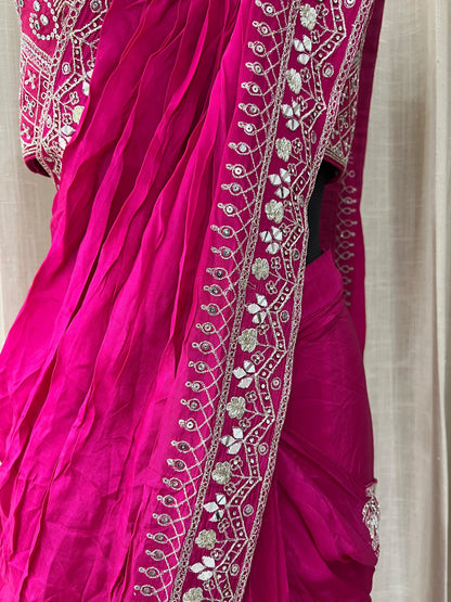 Rani Pink Embroidered Saree with Mirror Work High Neck Blouse