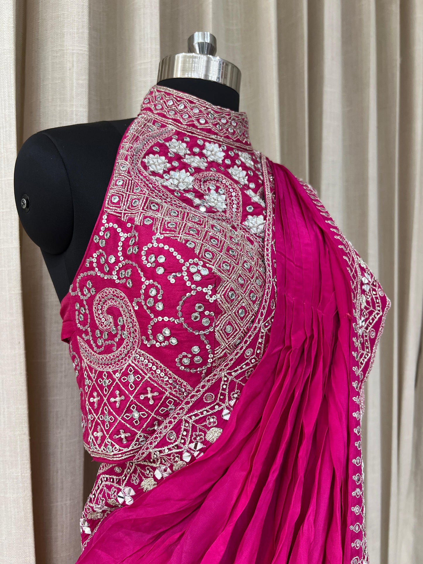 Rani Pink Embroidered Saree with Mirror Work High Neck Blouse