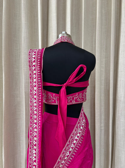 Rani Pink Embroidered Saree with Mirror Work High Neck Blouse