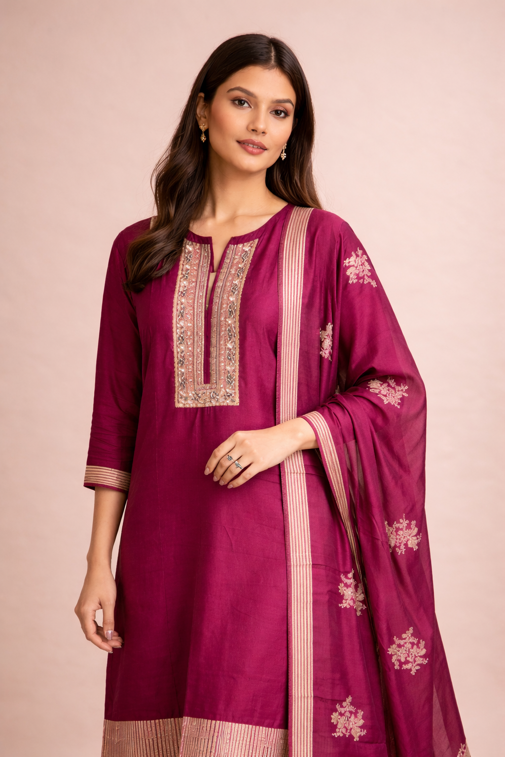 Rani Pink Embroidered Silk Kurta Palazzo Set