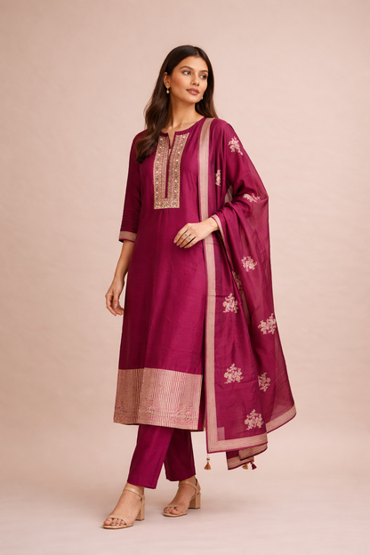 Rani Pink Embroidered Silk Kurta Palazzo Set