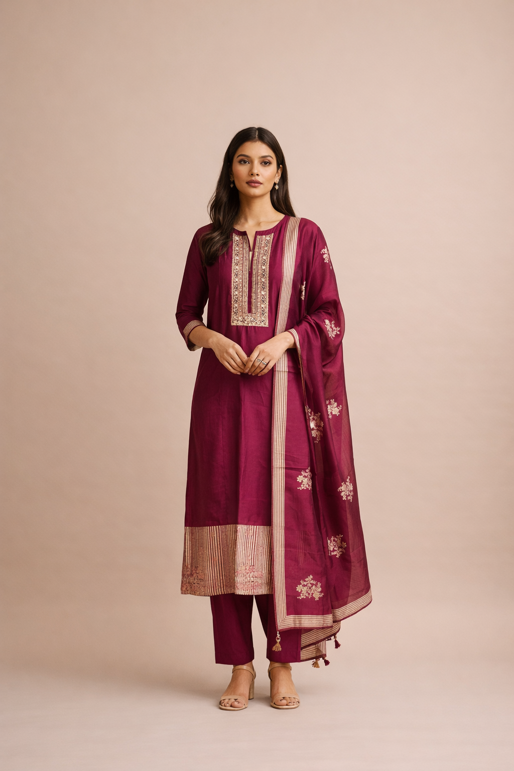 Rani Pink Embroidered Silk Kurta Palazzo Set