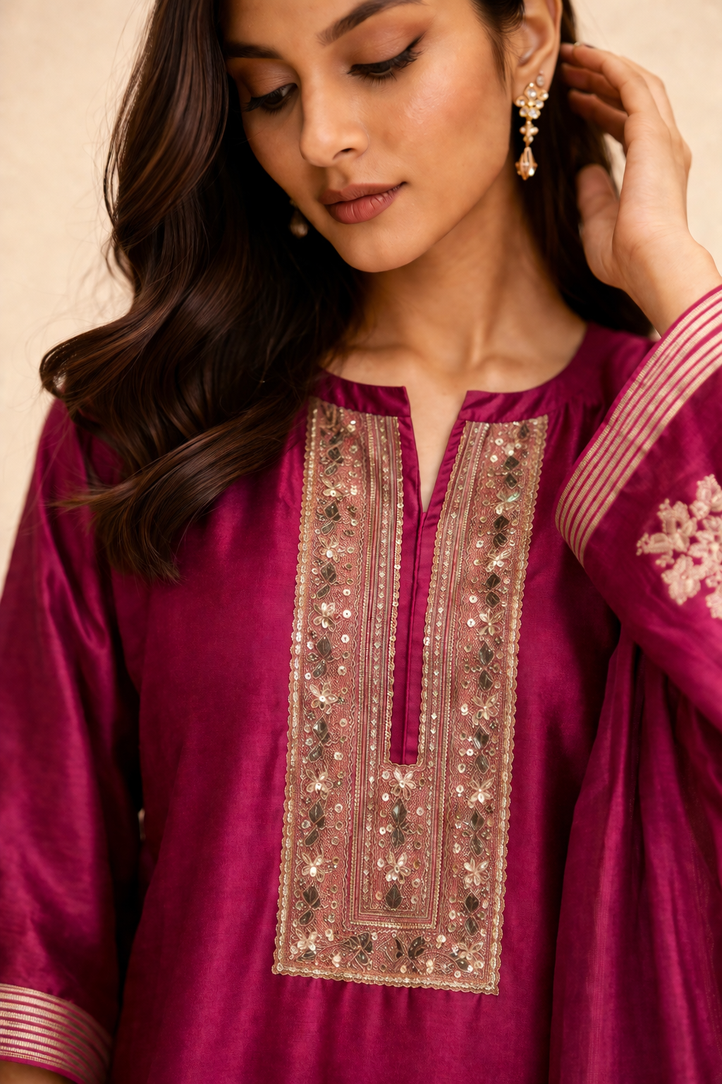 Rani Pink Embroidered Silk Kurta Palazzo Set