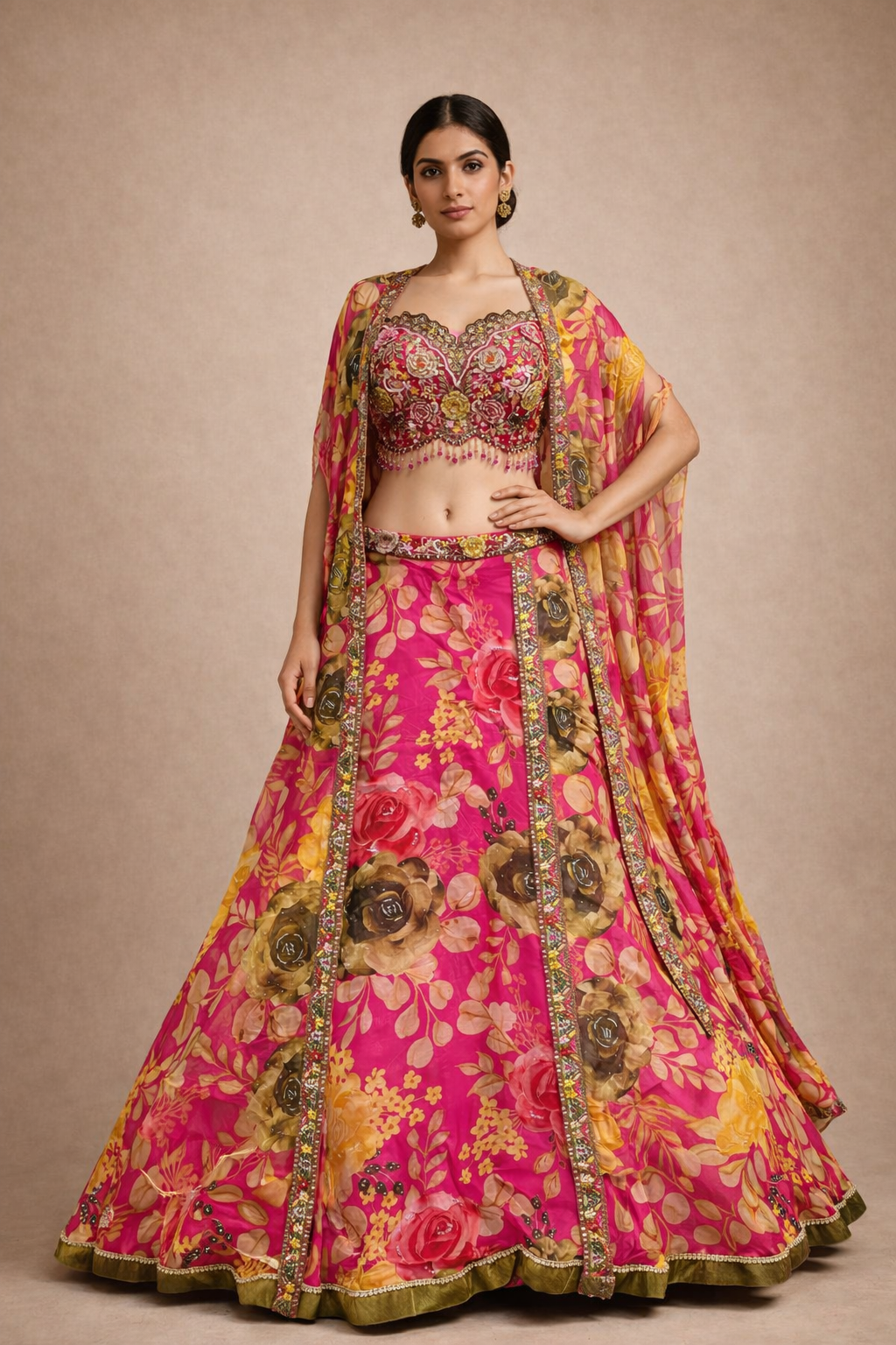 Rani Pink Floral Printed Lehenga Choli with Heavy Embroidered Blouse & Organza Jacket
