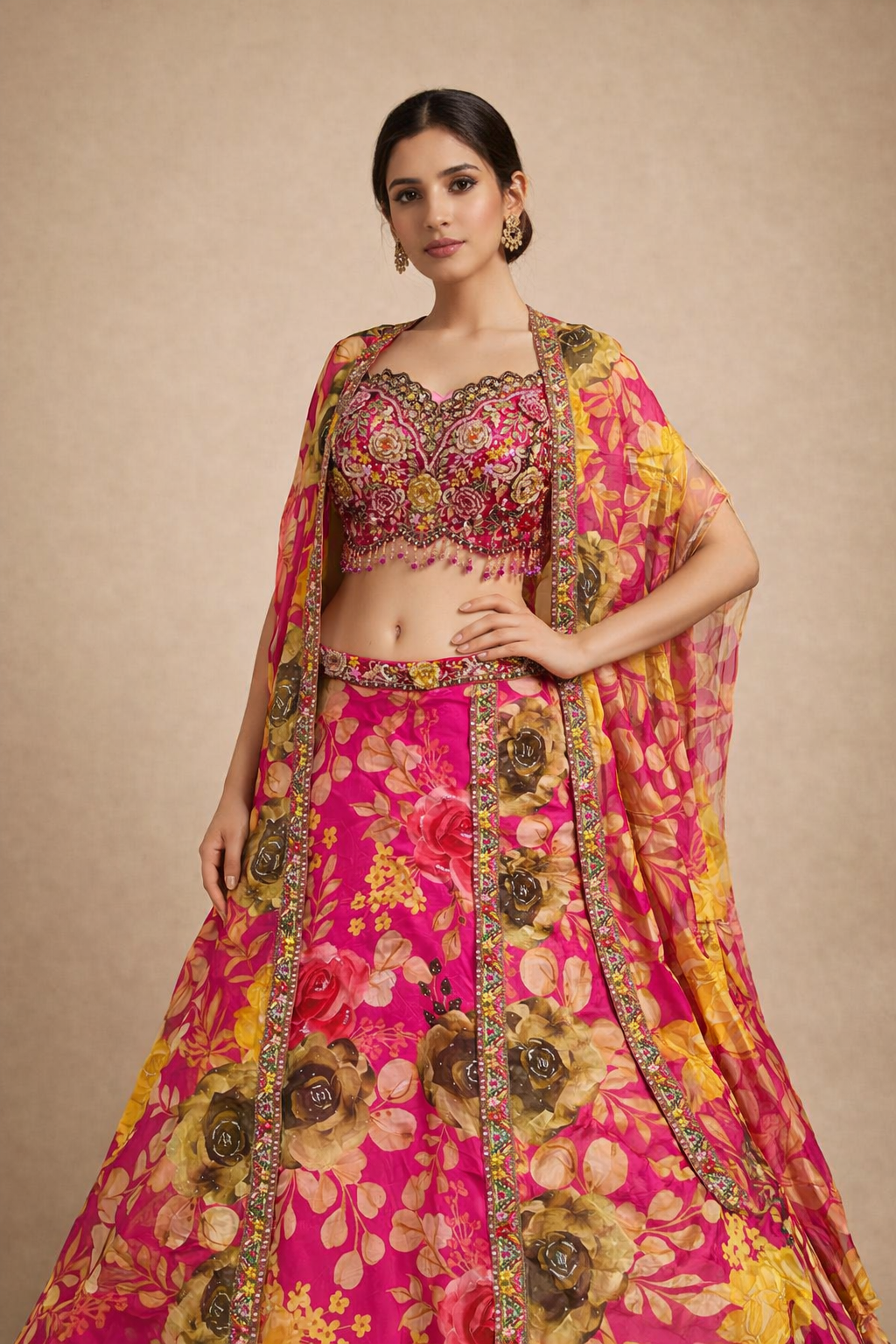 Rani Pink Floral Printed Lehenga Choli with Heavy Embroidered Blouse & Organza Jacket