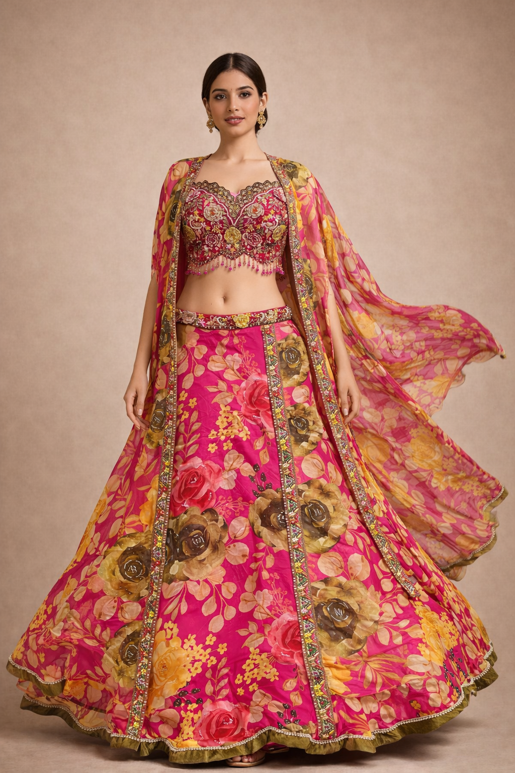 Rani Pink Floral Printed Lehenga Choli with Heavy Embroidered Blouse & Organza Jacket
