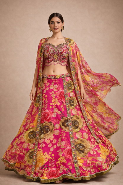 Rani Pink Floral Printed Lehenga Choli with Heavy Embroidered Blouse & Organza Jacket