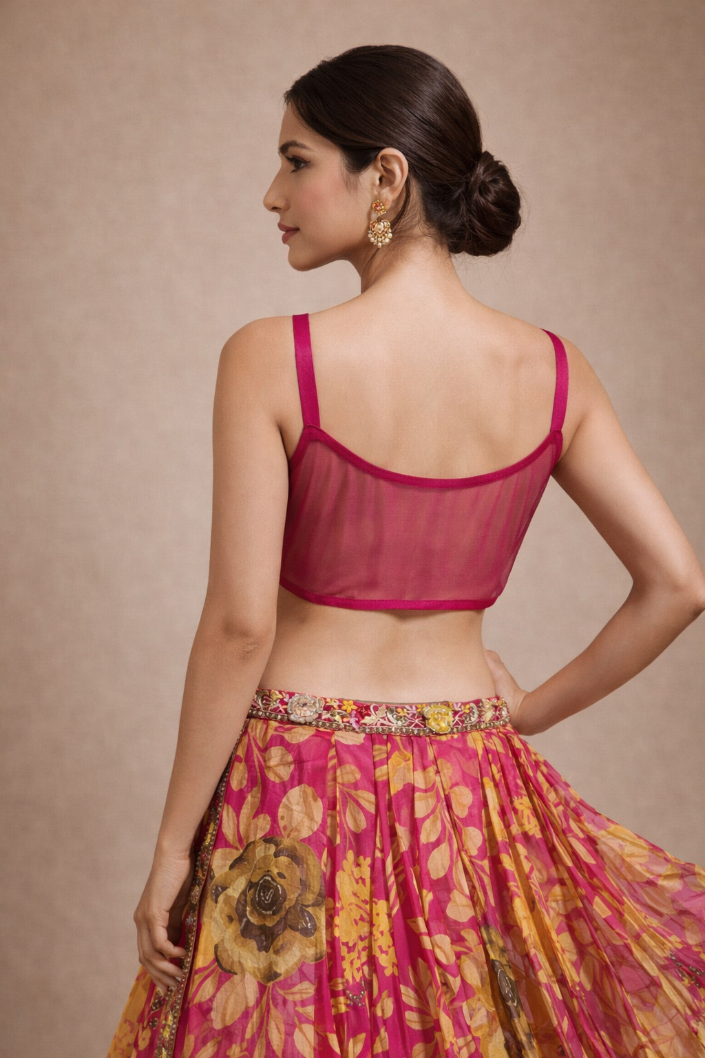 Rani Pink Floral Printed Lehenga Choli with Heavy Embroidered Blouse & Organza Jacket