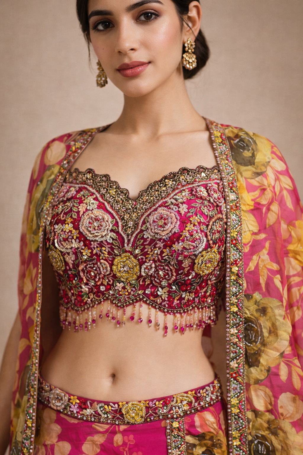 Rani Pink Floral Printed Lehenga Choli with Heavy Embroidered Blouse & Organza Jacket
