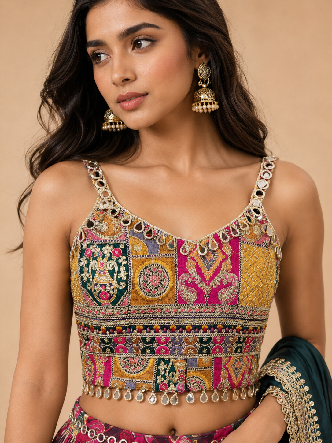 Rani Pink Floral Printed Mirror Work Gujarati Chaniya Choli