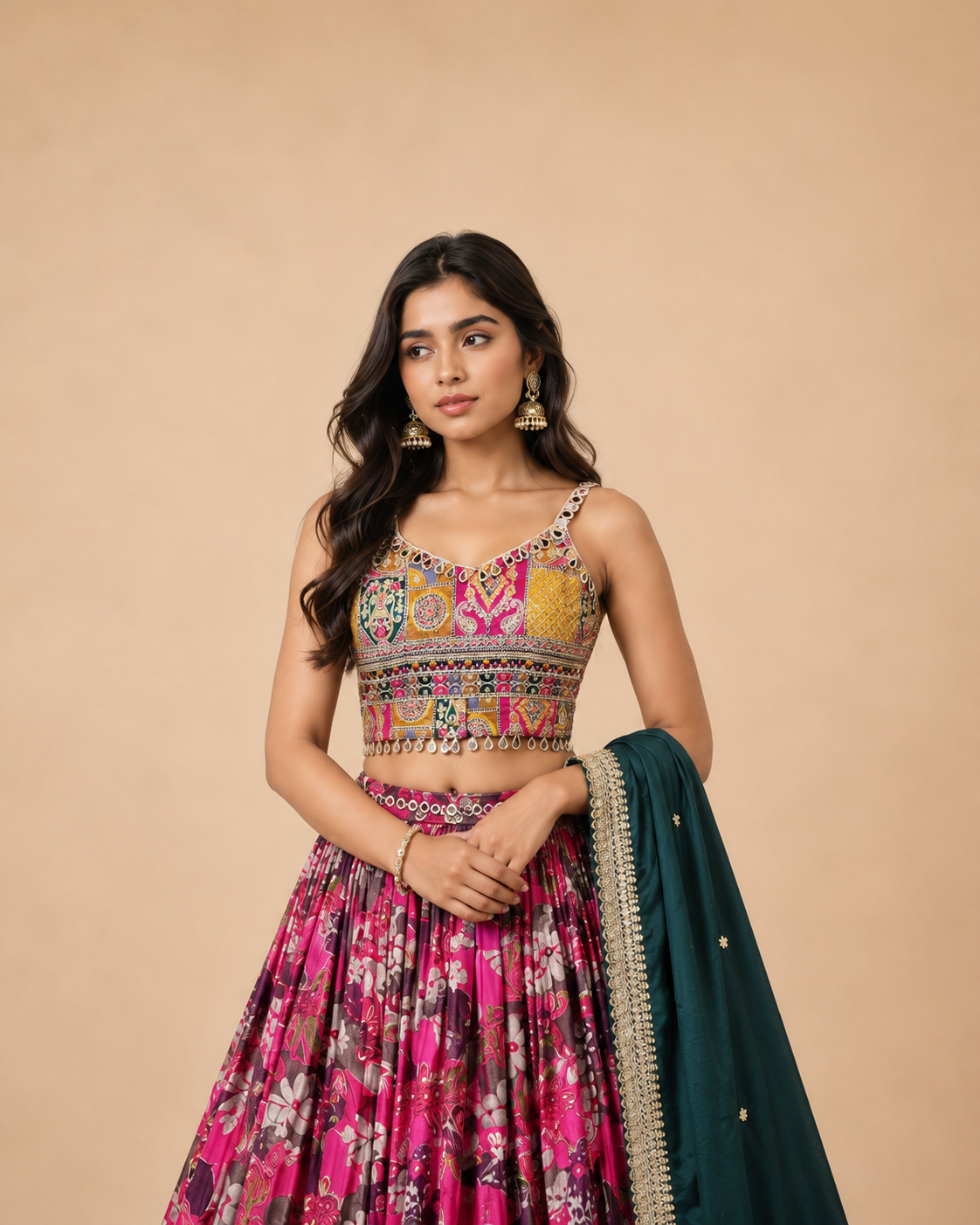 Rani Pink Floral Printed Mirror Work Gujarati Chaniya Choli
