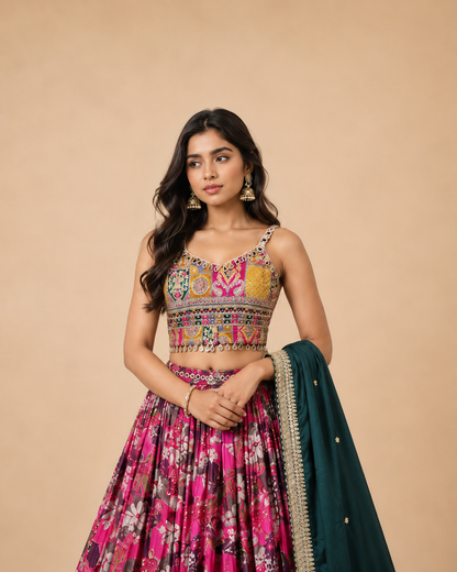 Rani Pink Floral Printed Mirror Work Gujarati Chaniya Choli