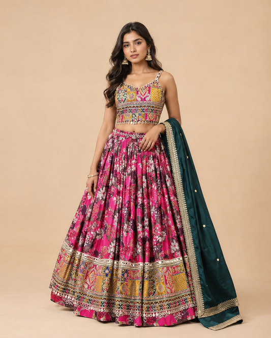 Rani Pink Floral Printed Mirror Work Gujarati Chaniya Choli