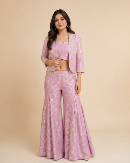 Rani Pink Foil Floral Embroidered Crop Top Palazzo Set with Jacket