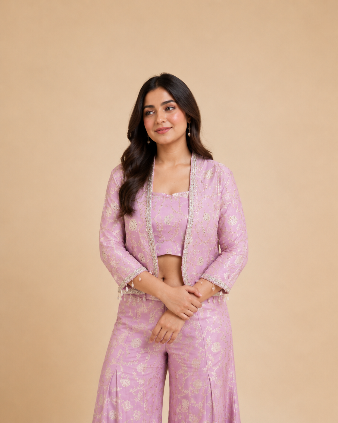 Rani Pink Foil Floral Embroidered Crop Top Palazzo Set with Jacket