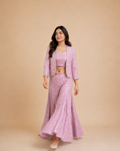 Rani Pink Foil Floral Embroidered Crop Top Palazzo Set with Jacket